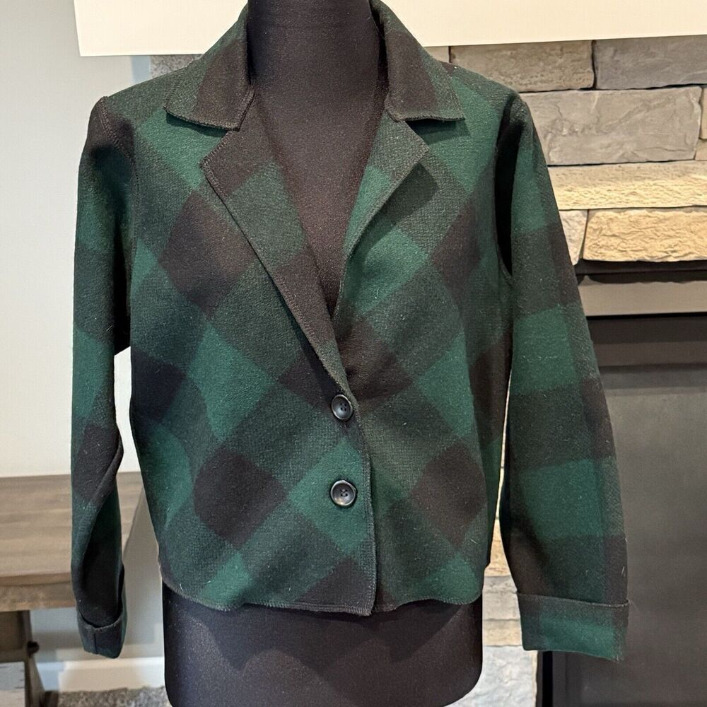 Cameleon 100% Wool Crop Jacket Shacket Blazer Green Black Womens XS